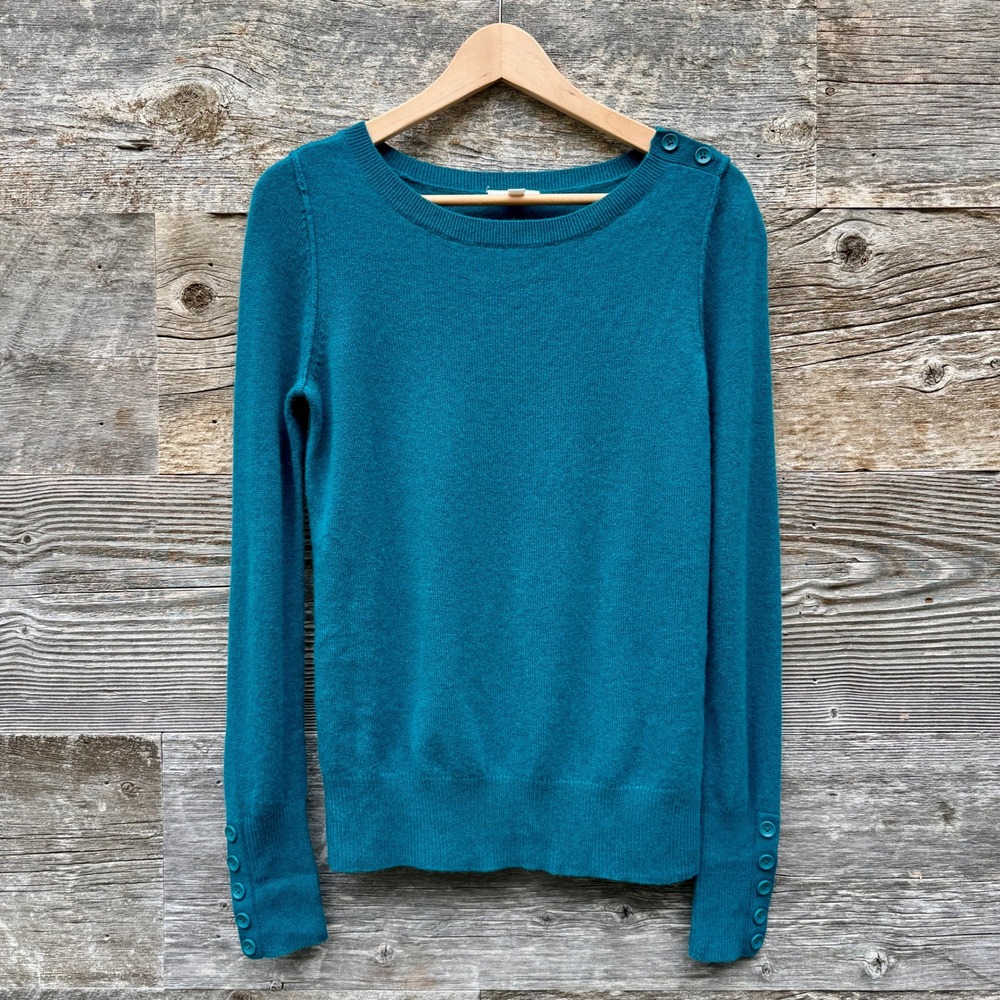 Caslon Nordstrom Cashmere Button Detail Crew Neck Sweater M Teal Classic Luxury